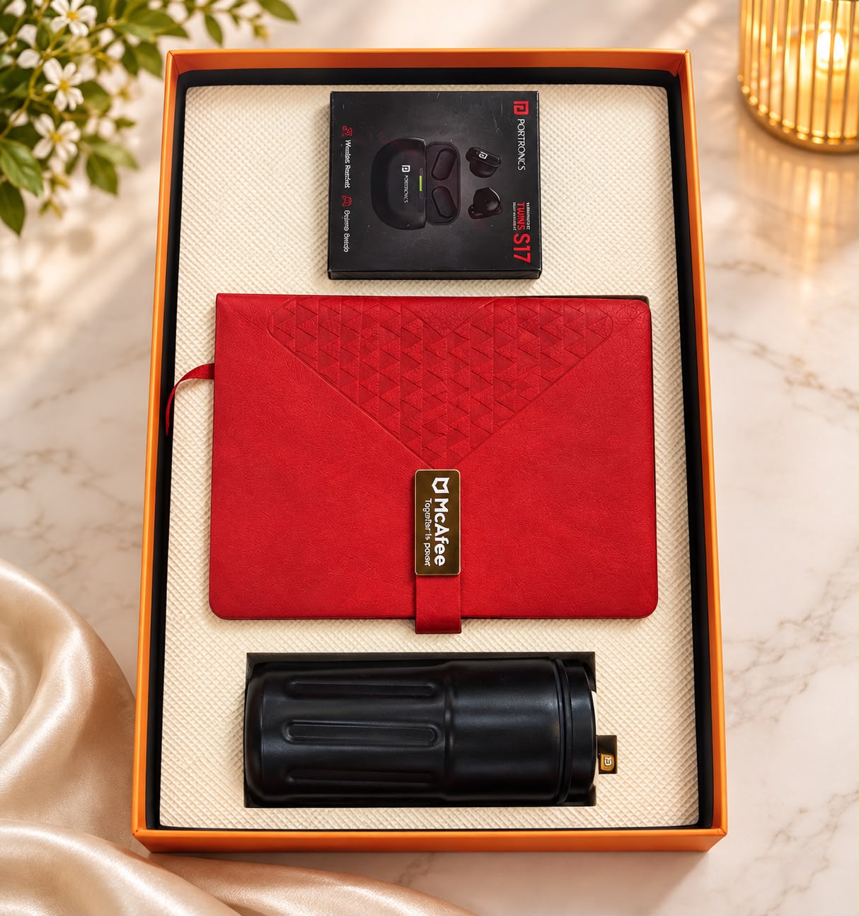 Premium 3 in 1 Corporate Gift Set – Diary, Tumbler & Portronics Earbuds
